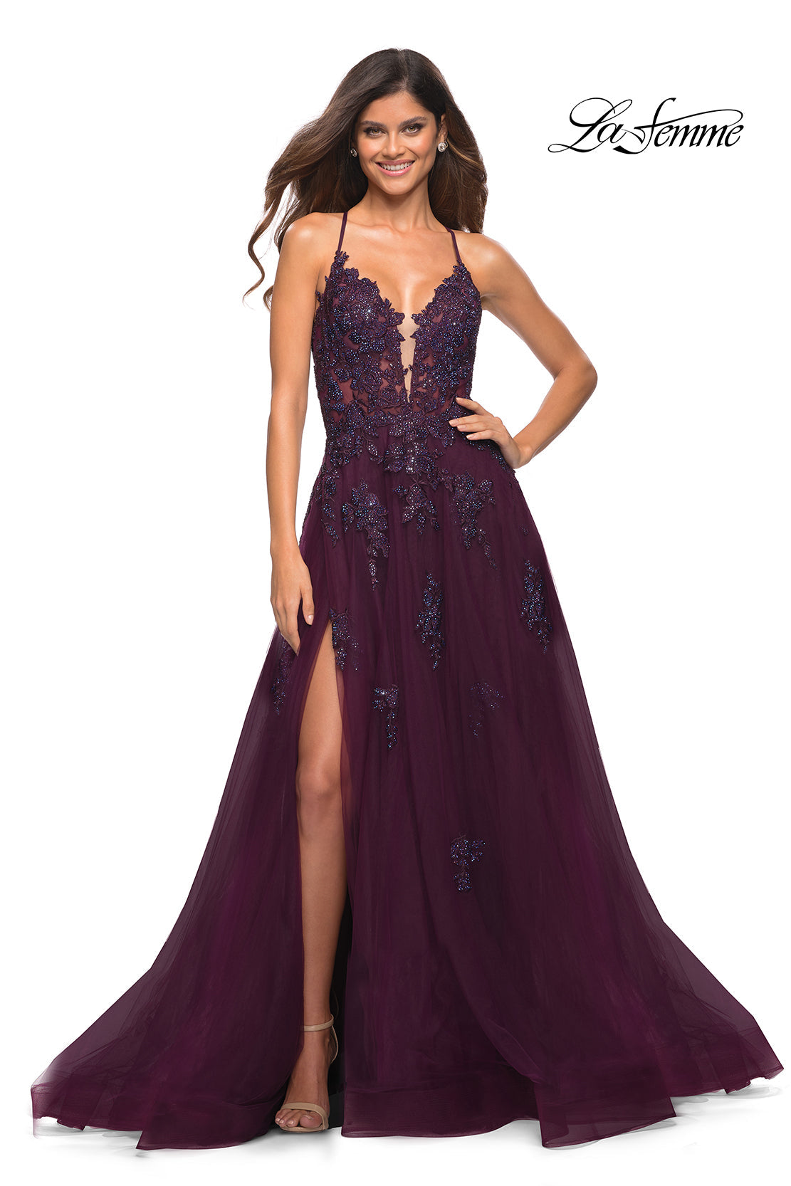 La Femme 30560 prom dress images. La Femme 30560 is available in these colors: Dark Berry, Dusty Mauve, Lilac Mist, Sage.