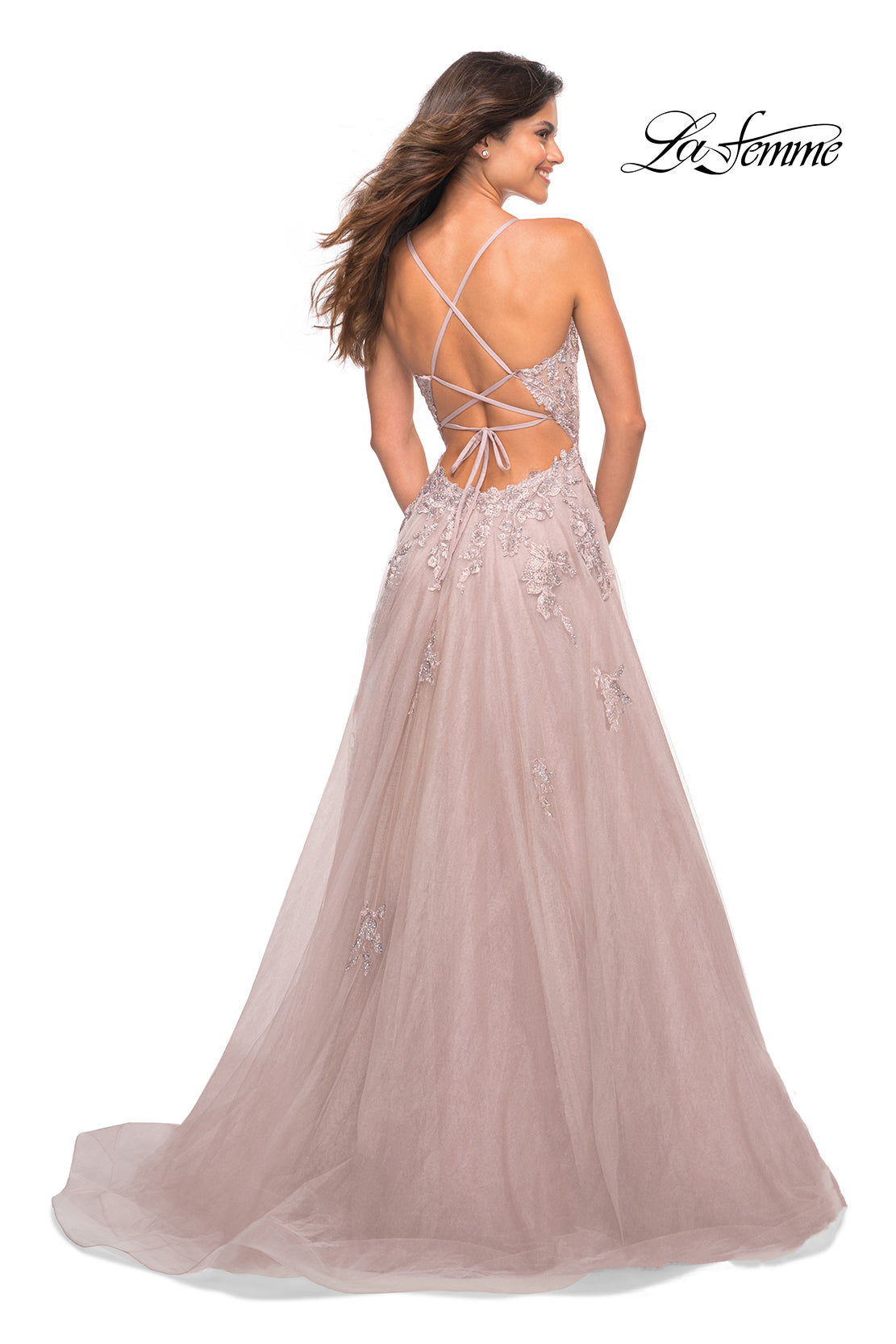 La Femme 30560 prom dress images. La Femme 30560 is available in these colors: Dark Berry, Dusty Mauve, Lilac Mist, Sage.