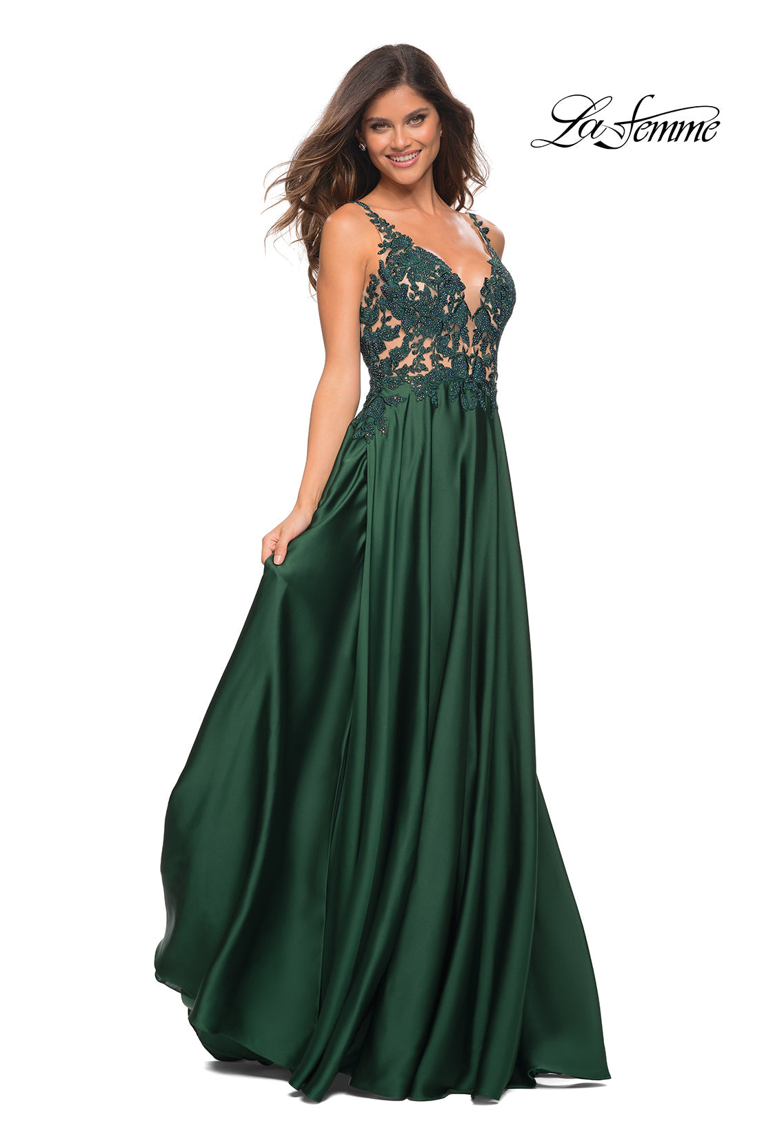 La Femme 30580 prom dress images. La Femme 30580 is available in these colors: Emerald, Navy.
