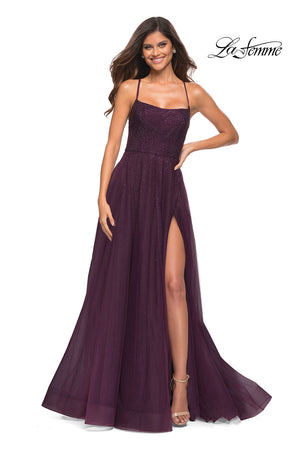 La Femme 30581 prom dress images.  La Femme 30581 is available in these colors: Dark Berry, Dusty Mauve.
