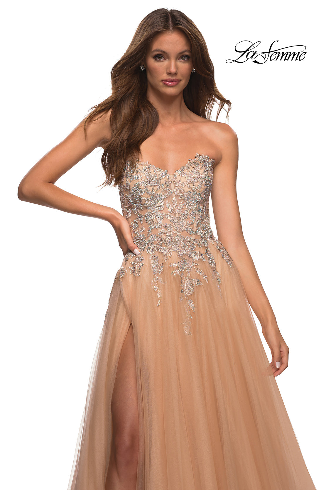 La Femme 30592 prom dress images. La Femme 30592 is available in these colors: Champagne, Navy.