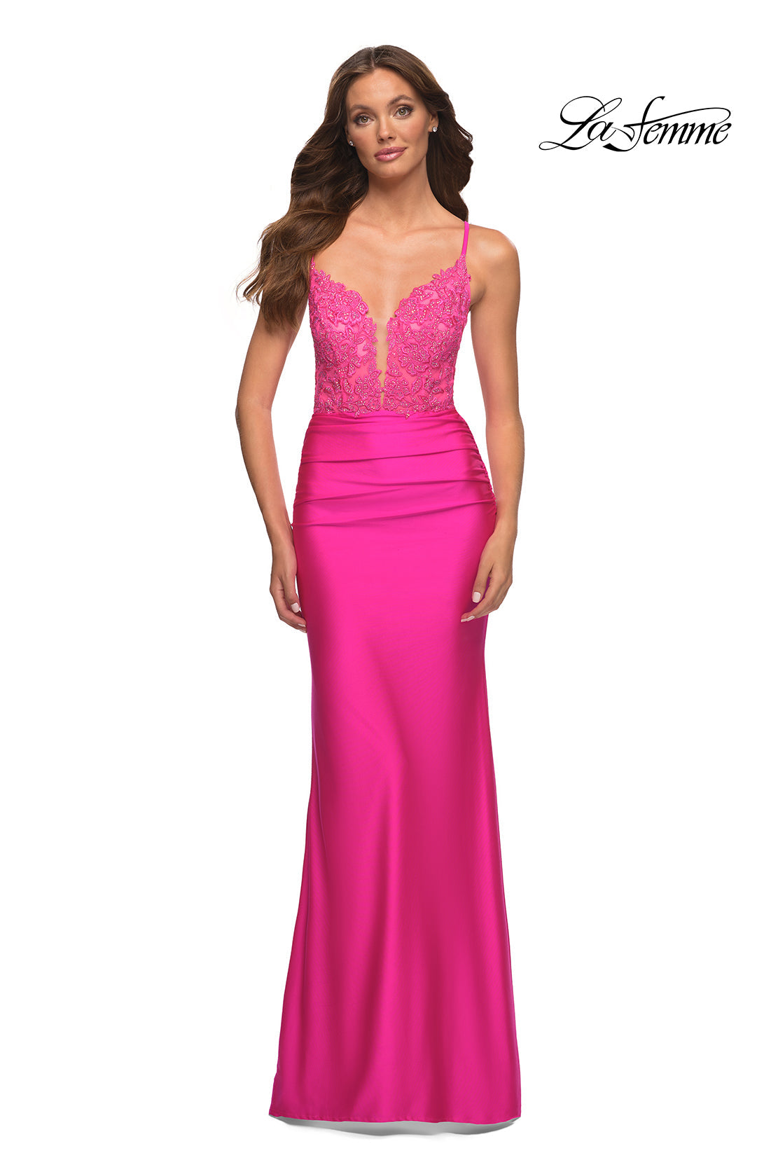 La Femme 30606 prom dress images. La Femme 30606 is available in these colors: Neon Pink.