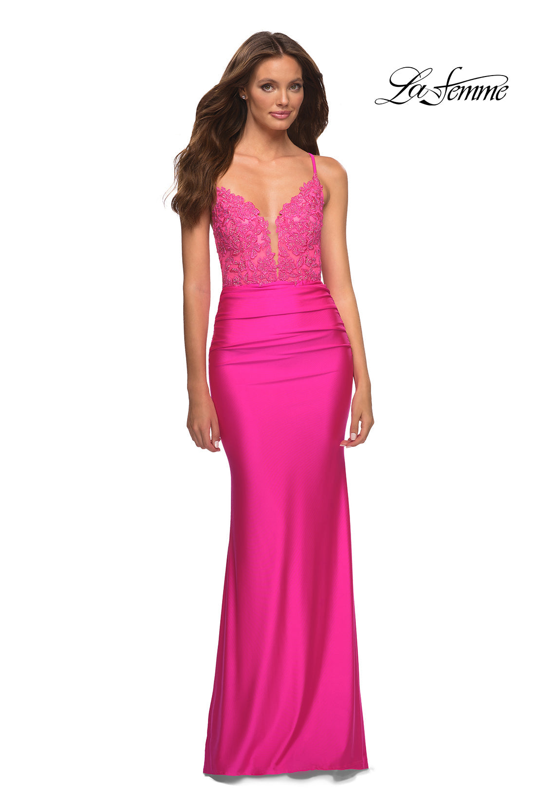 La Femme 30606 prom dress images. La Femme 30606 is available in these colors: Neon Pink.