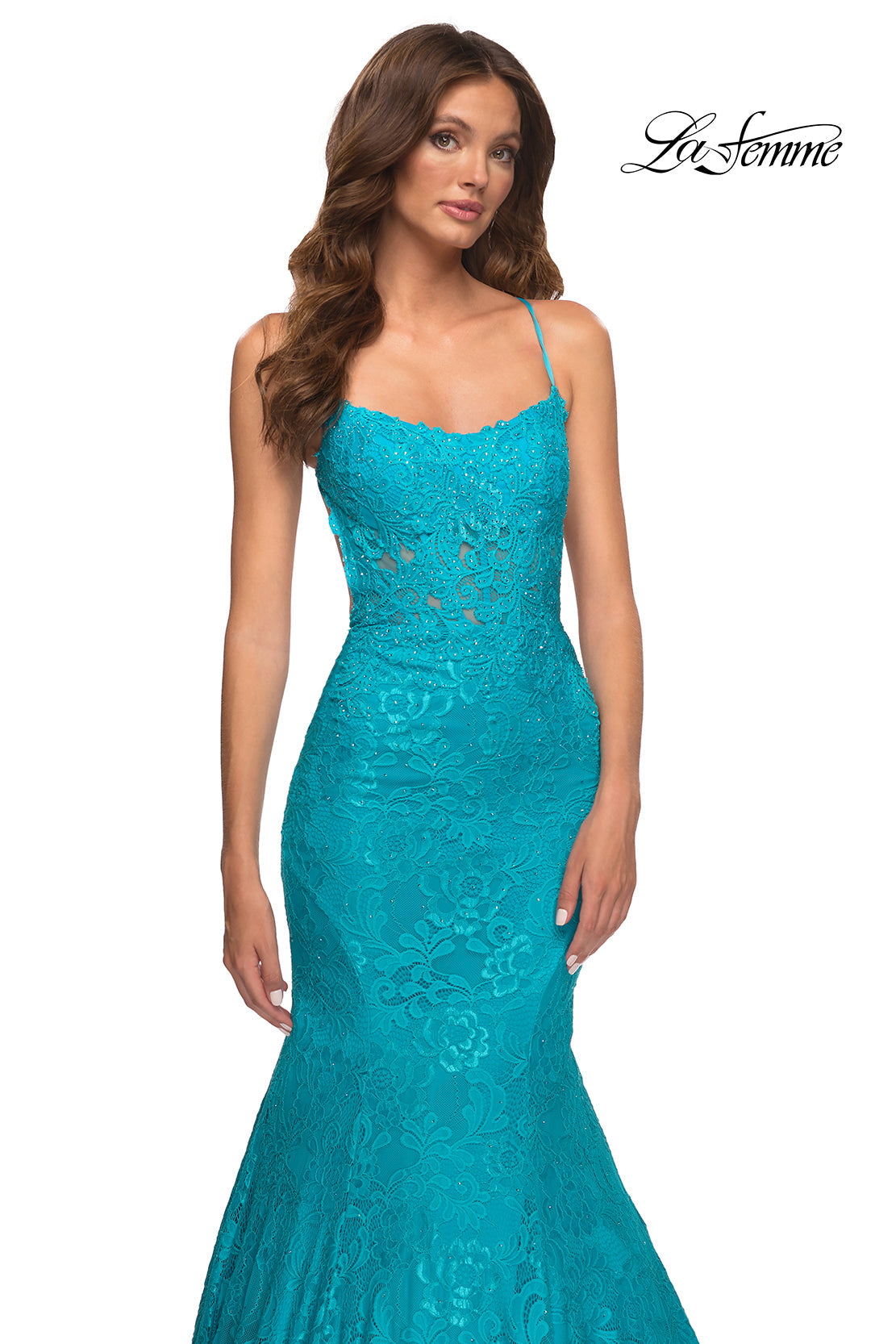 La Femme 30612 prom dress images. La Femme 30612 is available in these colors: Aqua, Yellow.
