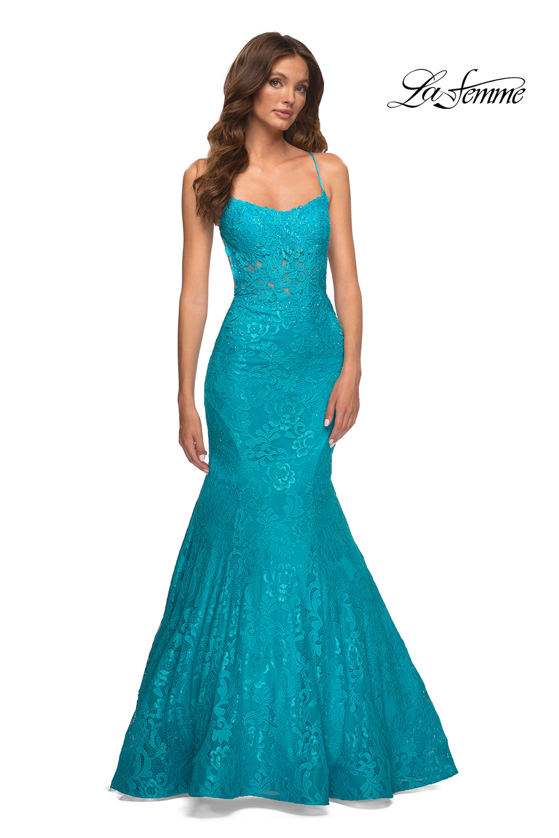 La Femme 30612 prom dress images. La Femme 30612 is available in these colors: Aqua, Yellow.