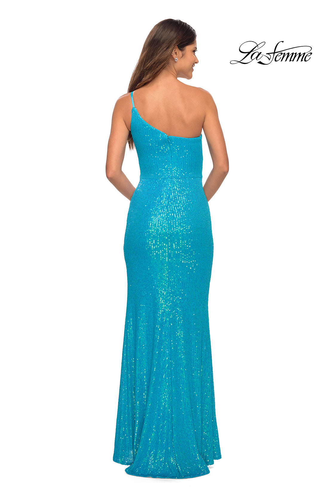 La Femme 30618 prom dress images. La Femme 30618 is available in these colors: Aqua, Light Periwinkle, Orange, Purple, Yellow.