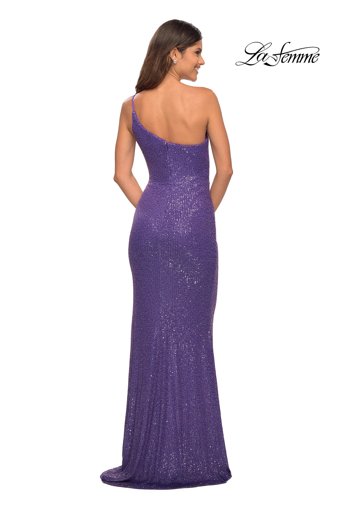 La Femme 30618 prom dress images. La Femme 30618 is available in these colors: Aqua, Light Periwinkle, Orange, Purple, Yellow.