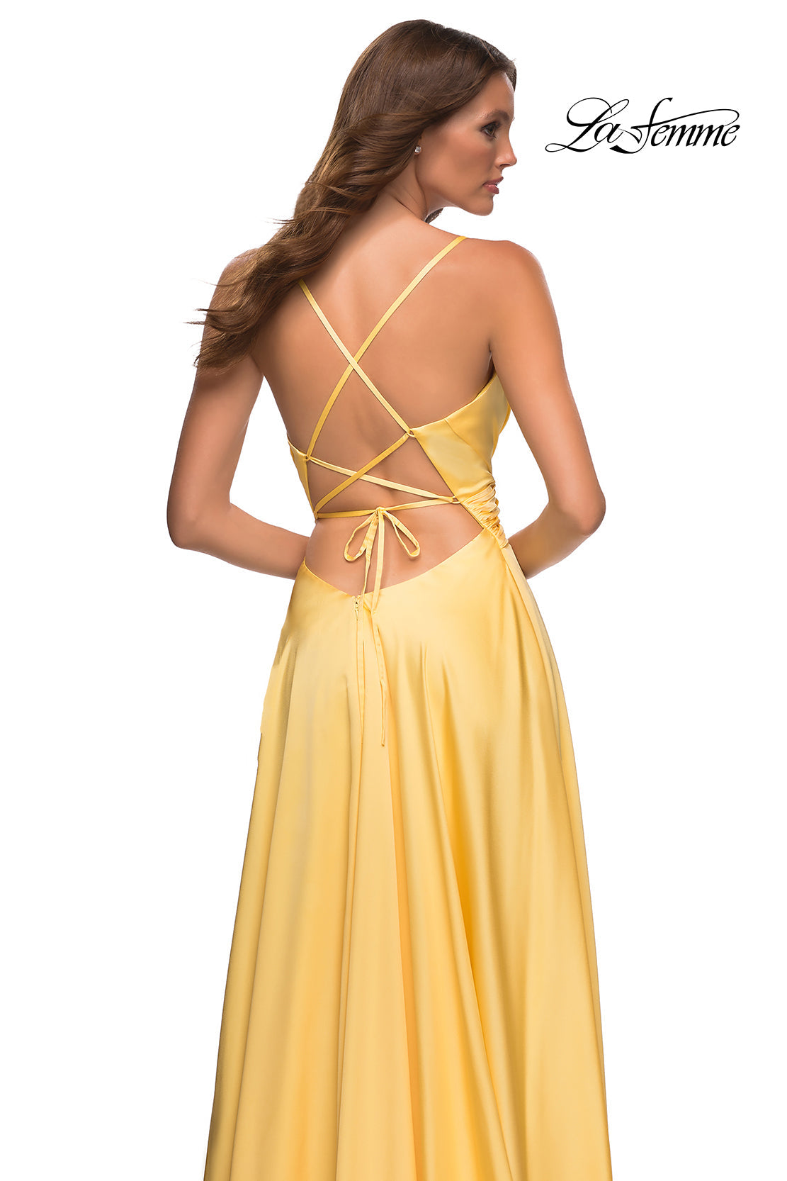 La Femme 30662 prom dress images. La Femme 30662 is available in these colors: Cloud Blue, Lavender, Yellow.