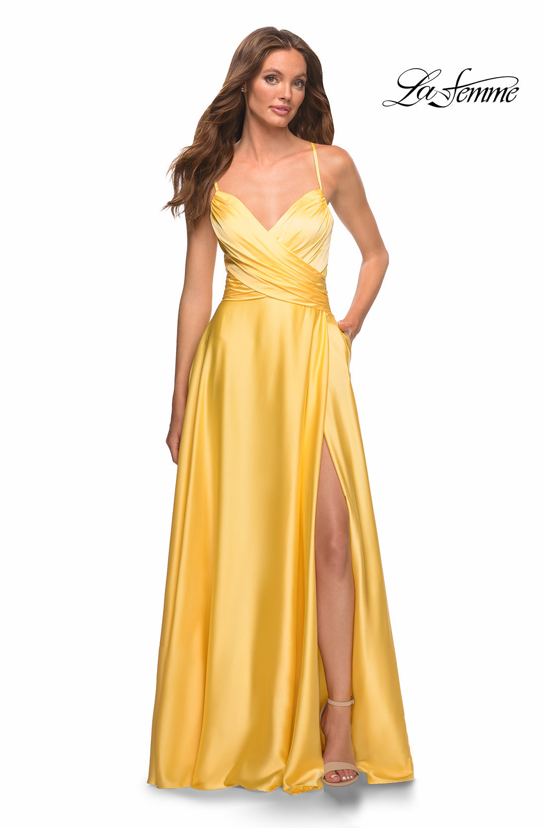 La Femme 30662 prom dress images. La Femme 30662 is available in these colors: Cloud Blue, Lavender, Yellow.