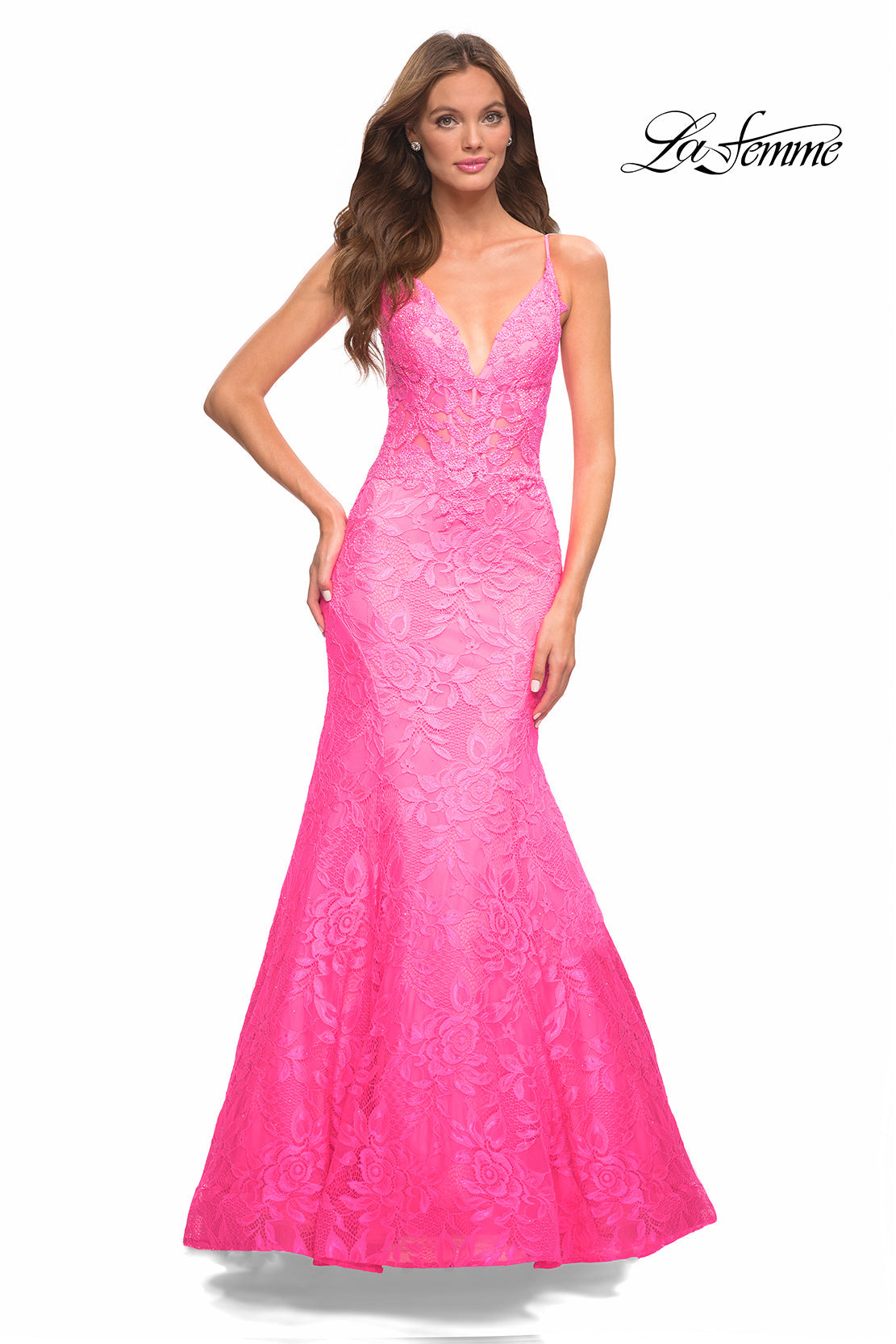 La Femme 30663 prom dress images. La Femme 30663 is available in these colors: Neon Pink.