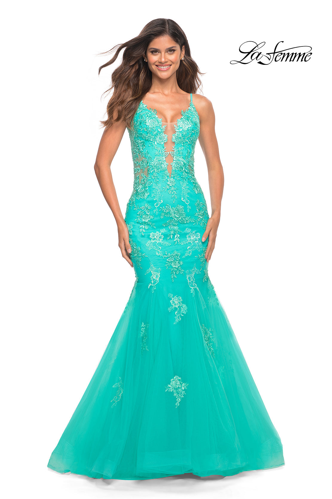 La Femme 30675 prom dress images. La Femme 30675 is available in these colors: Aqua.