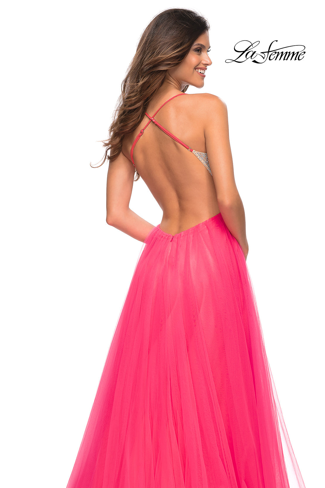 La Femme 30721 prom dress images. La Femme 30721 is available in these colors: Neon Pink.
