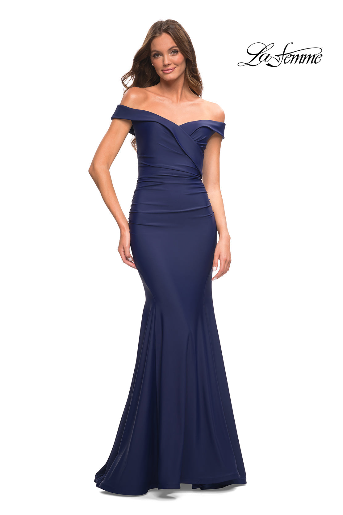 La Femme 30736 prom dress images. La Femme 30736 is available in these colors: Emerald, Navy, Wine.