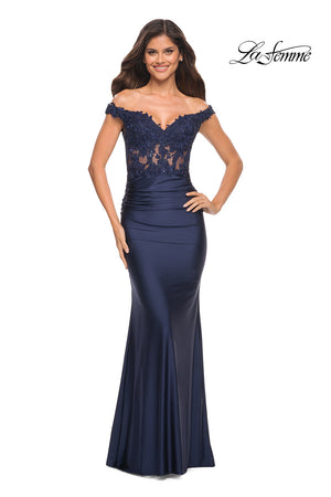 La Femme 30741 prom dress images.  La Femme 30741 is available in these colors: Dark Berry, Emerald, Navy.