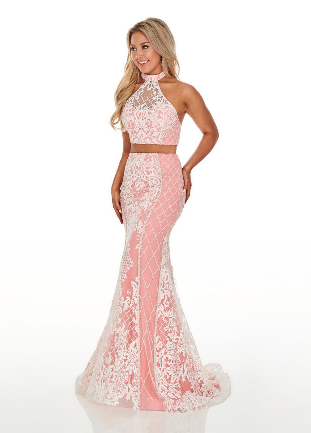 Rachel Allan 7003 prom dress images. Rachel Allan 7003 is available in these colors: White Aqua, White Coral, White Nude.