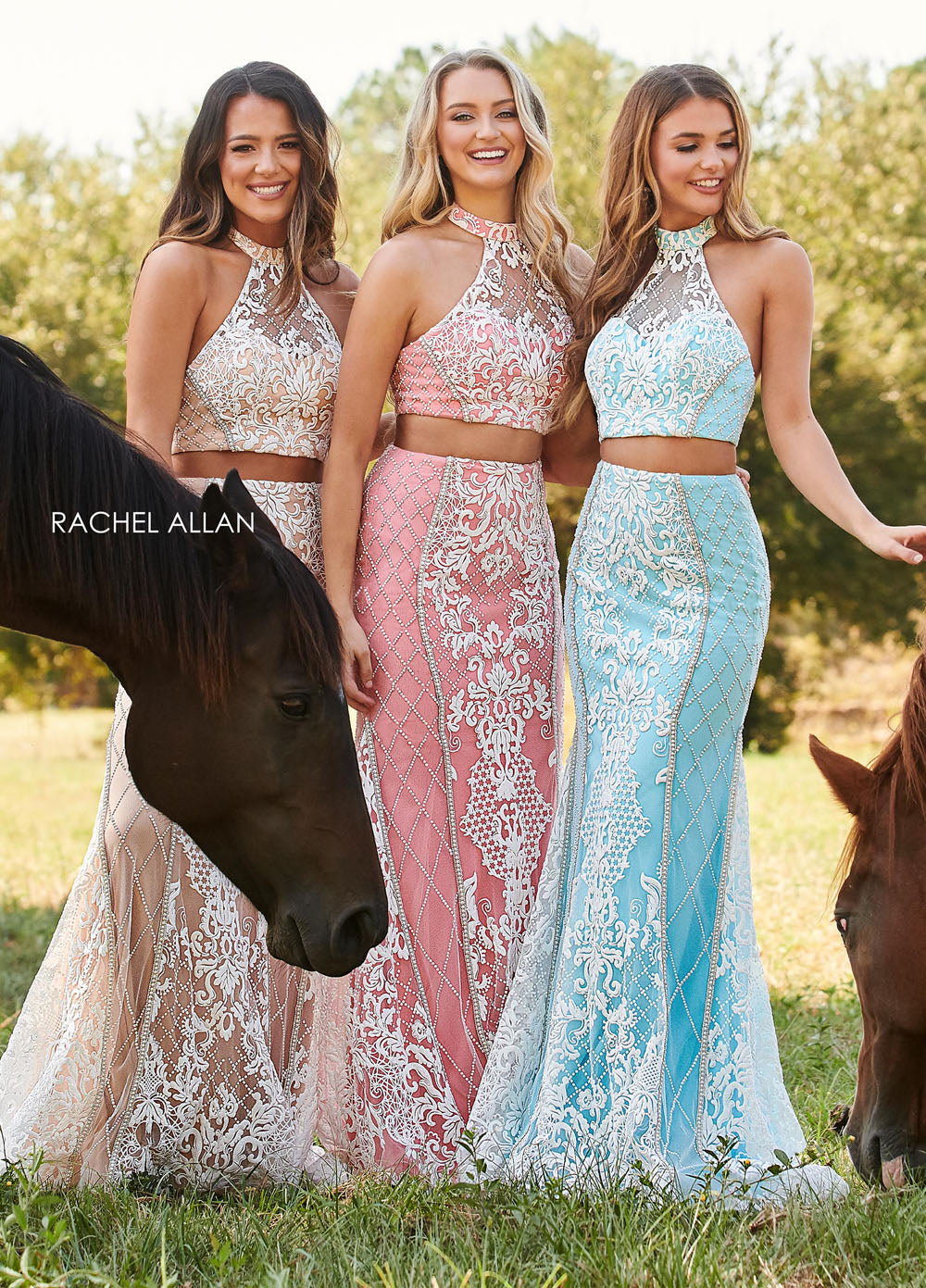 Rachel Allan 7003 prom dress images. Rachel Allan 7003 is available in these colors: White Aqua, White Coral, White Nude.