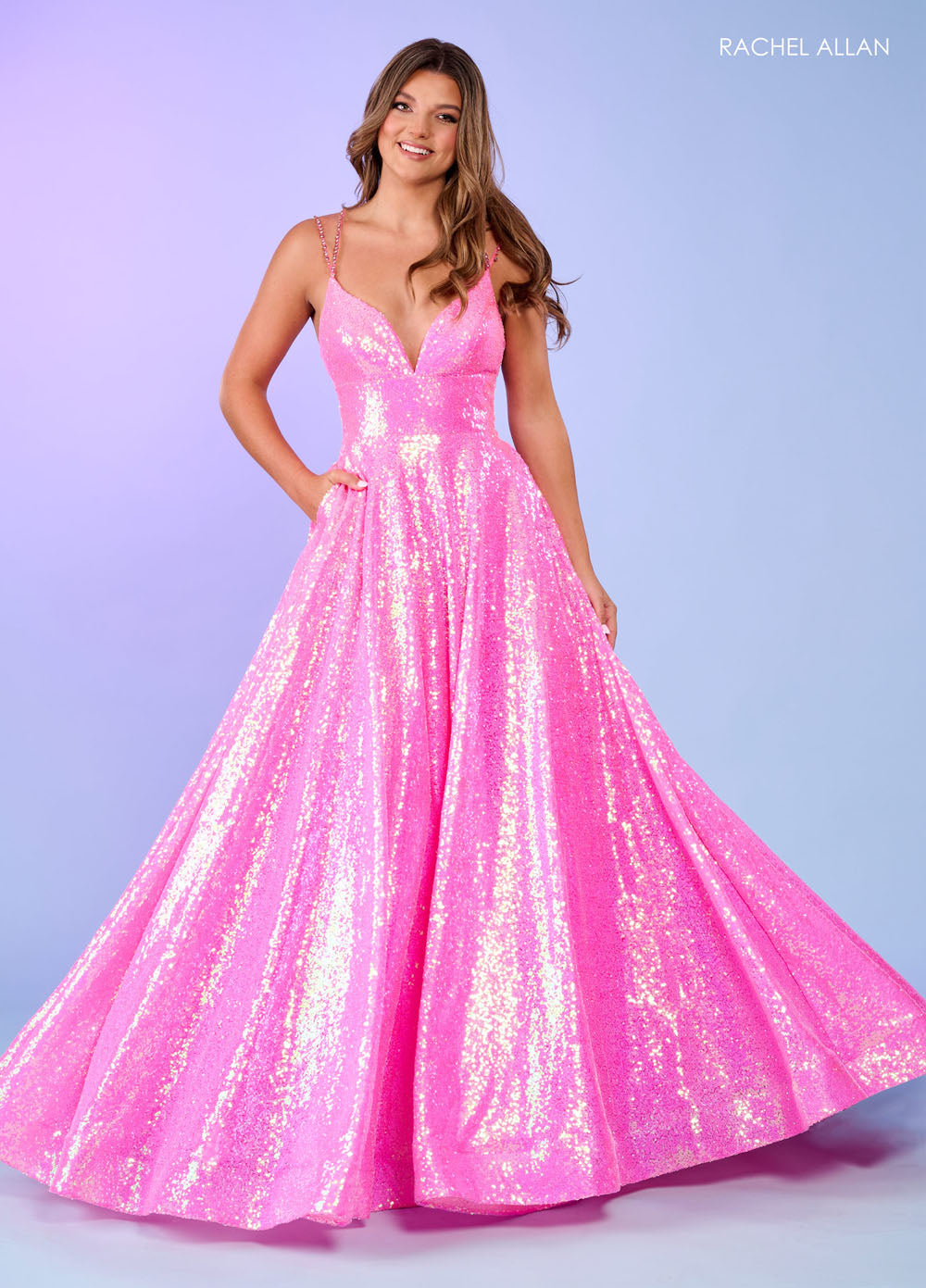 Rachel Allan 70130 prom dress images. Rachel Allan 70130 is available in these colors: Hot Pink, Ocean Blue, Purple, Tangerine.