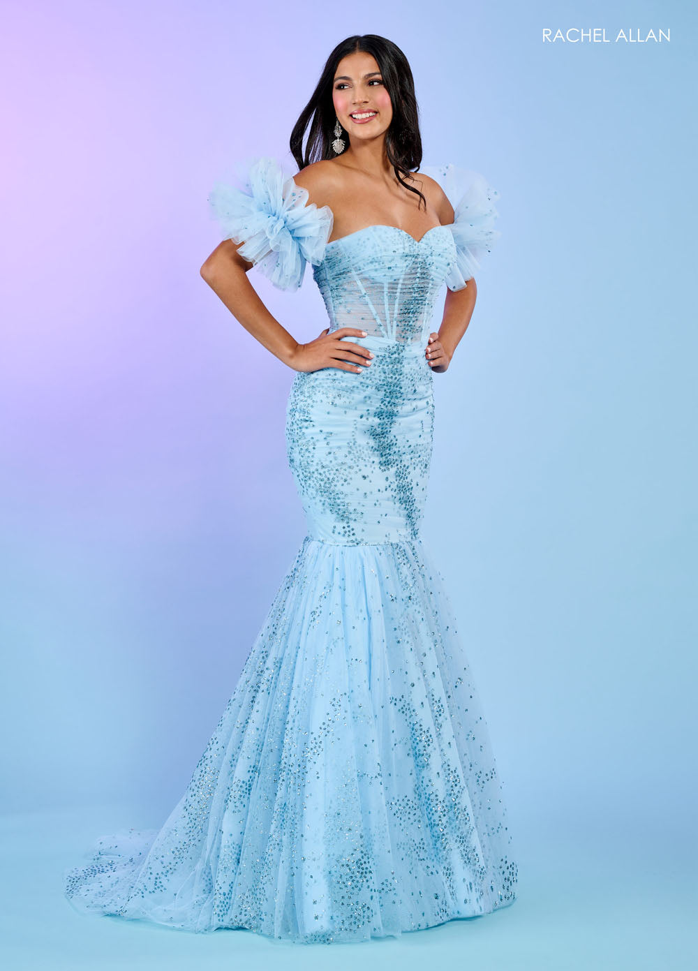Rachel Allan 70500 prom dress images. Rachel Allan 70500 is available in these colors: Black, Light Blue, Pink.