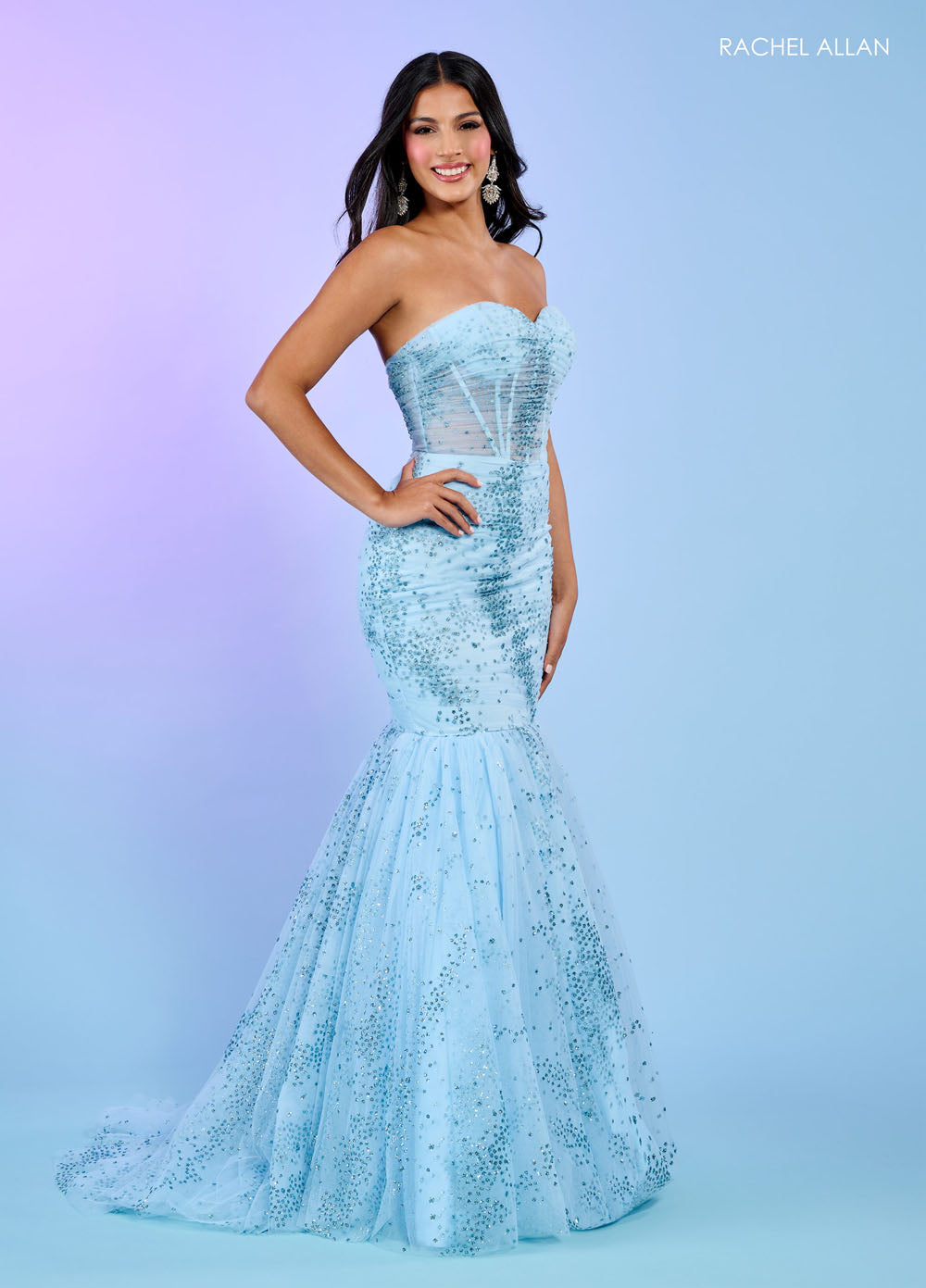 Rachel Allan 70500 prom dress images. Rachel Allan 70500 is available in these colors: Black, Light Blue, Pink.