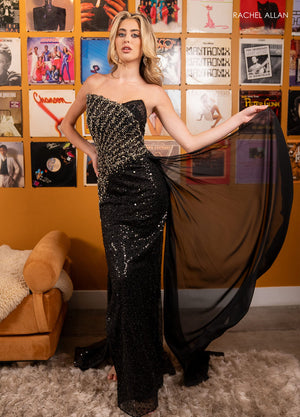 Rachel Allan 70525 prom dress images.  Rachel Allan 70525 is available in these colors: Black Gunmetal, Red Silver, Royal Peacock.