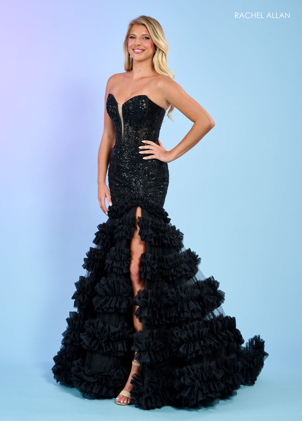 Rachel Allan 70543 prom dress images. Rachel Allan 70543 is available in these colors: Black, Light Blue, Red.