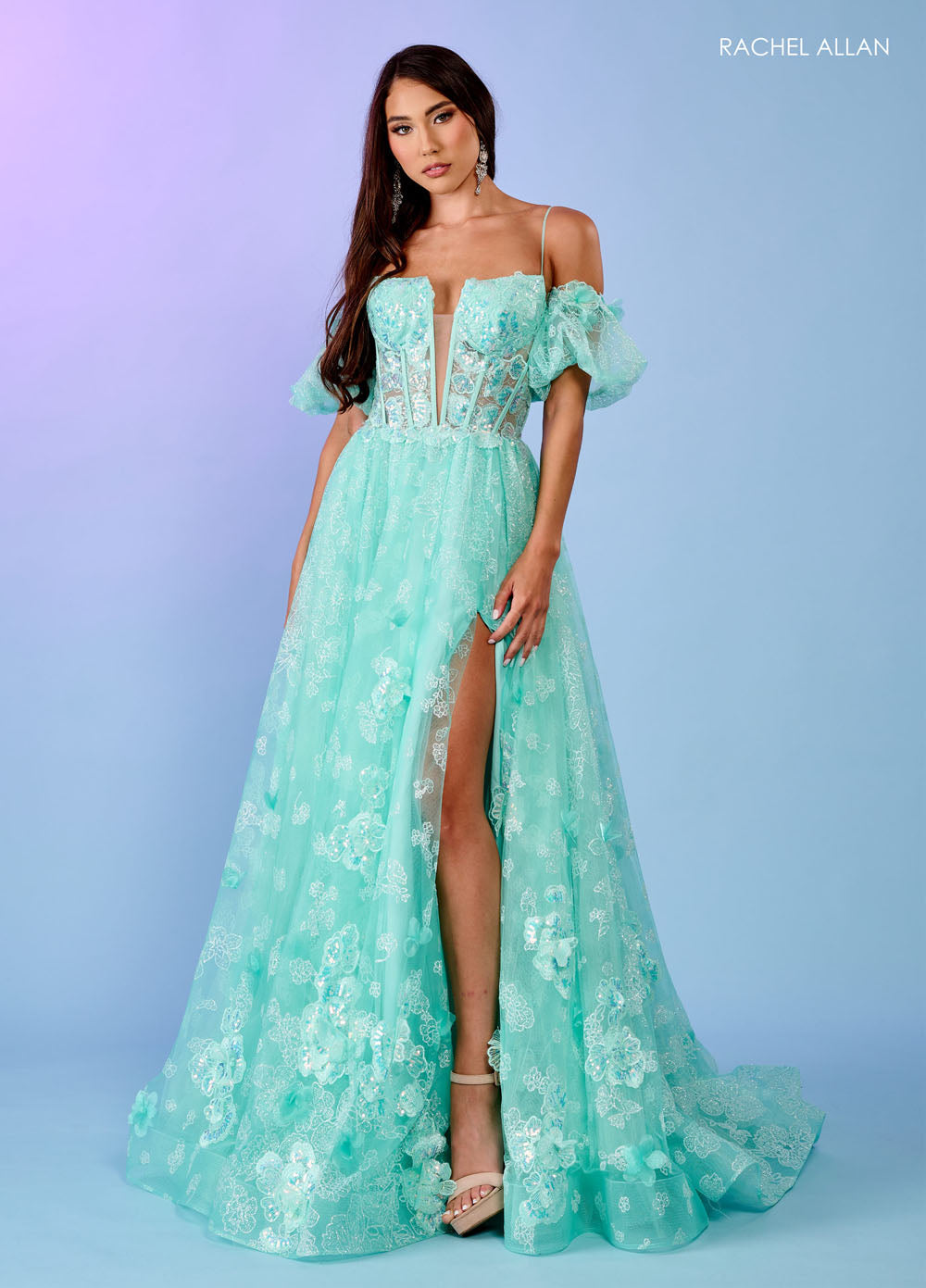 Rachel Allan 70557 prom dress images. Rachel Allan 70557 is available in these colors: Light Blue, Lilac, Mint.