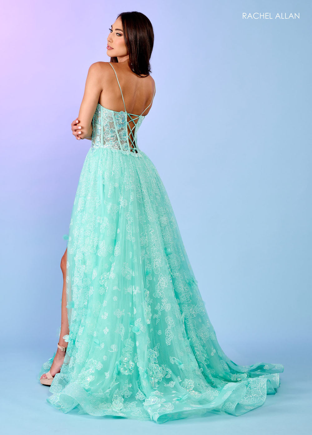 Rachel Allan 70557 prom dress images. Rachel Allan 70557 is available in these colors: Light Blue, Lilac, Mint.