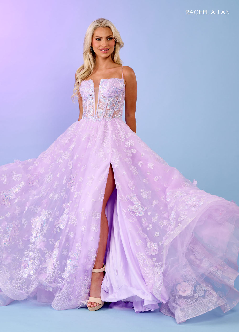 Rachel Allan 70557 prom dress images. Rachel Allan 70557 is available in these colors: Light Blue, Lilac, Mint.