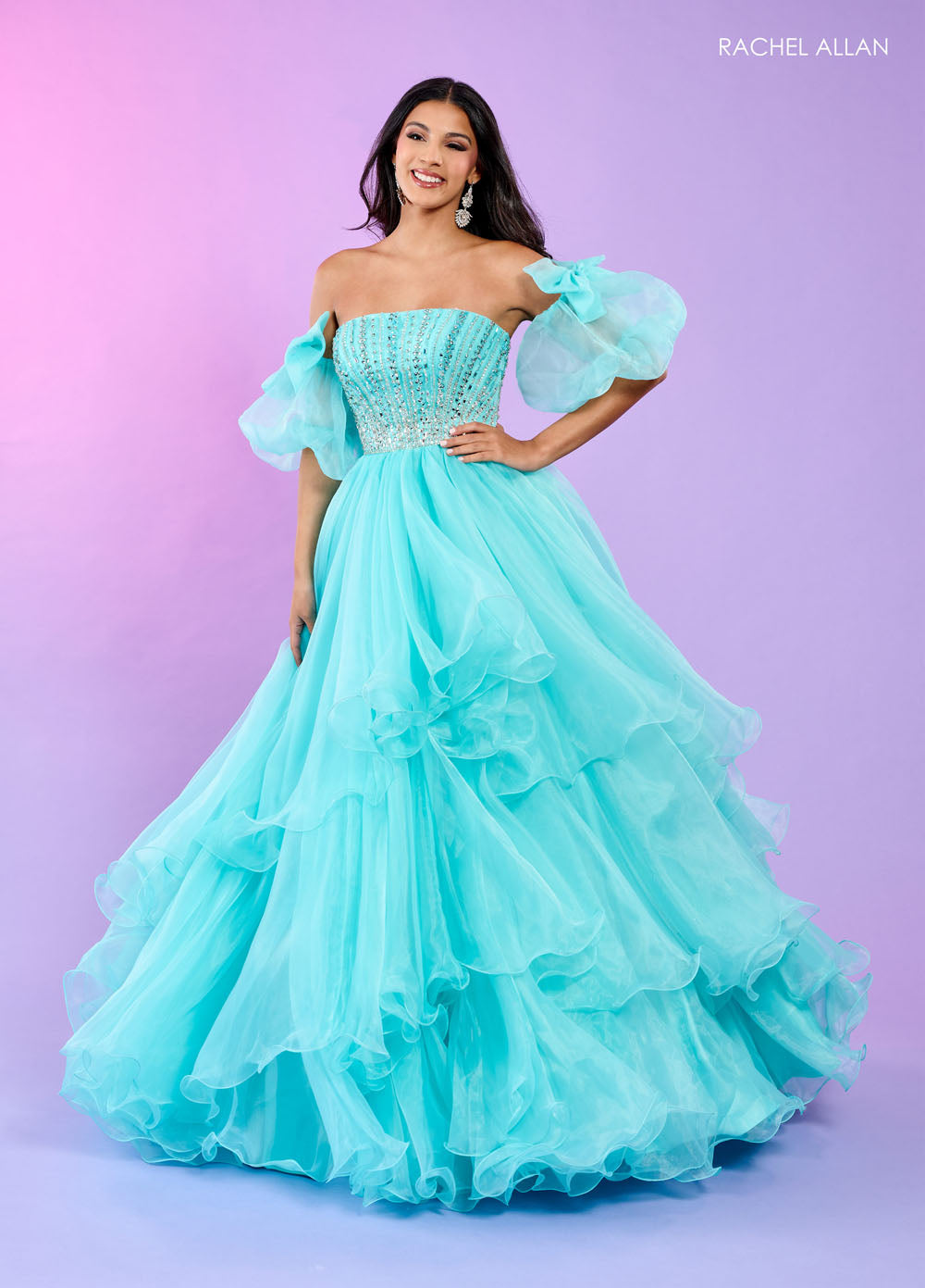 Rachel Allan 70570 prom dress images. Rachel Allan 70570 is available in these colors: Aqua, Lilac, Pink.