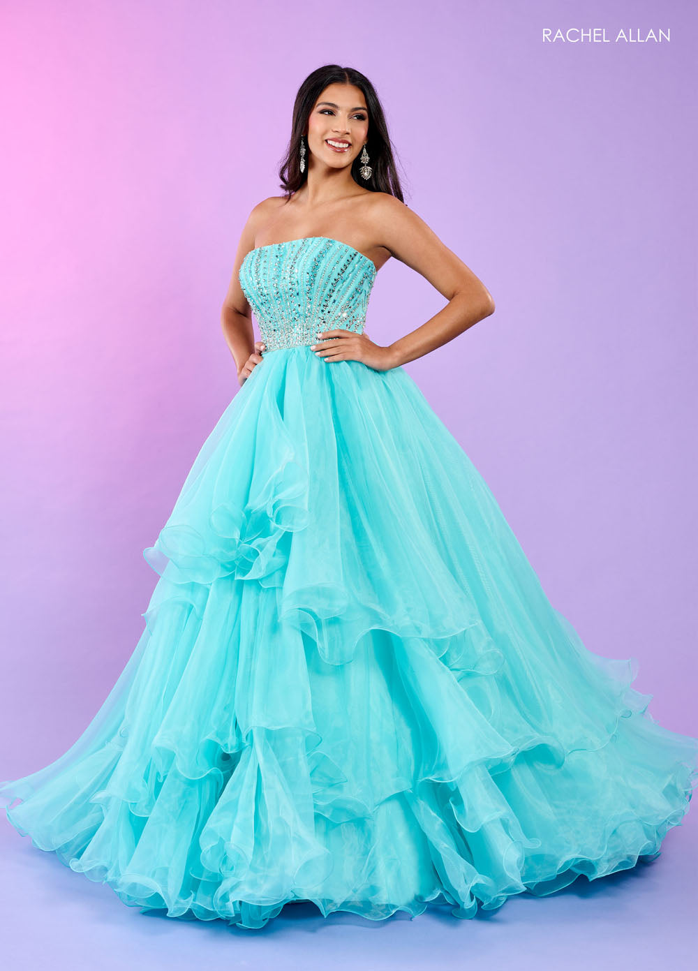 Rachel Allan 70570 prom dress images. Rachel Allan 70570 is available in these colors: Aqua, Lilac, Pink.