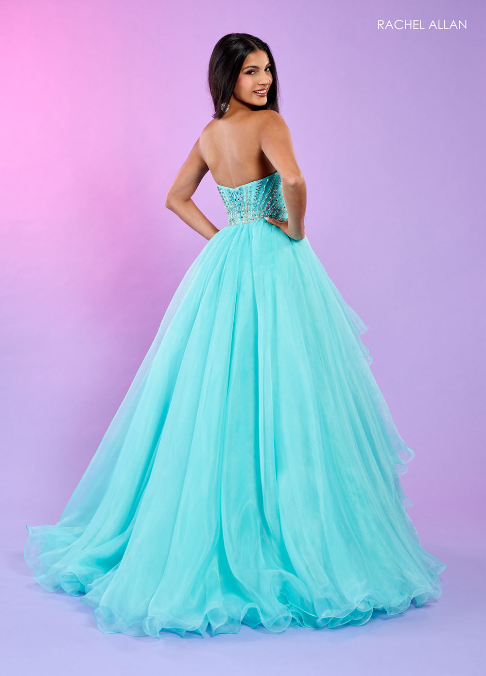 Rachel Allan 70570 prom dress images. Rachel Allan 70570 is available in these colors: Aqua, Lilac, Pink.