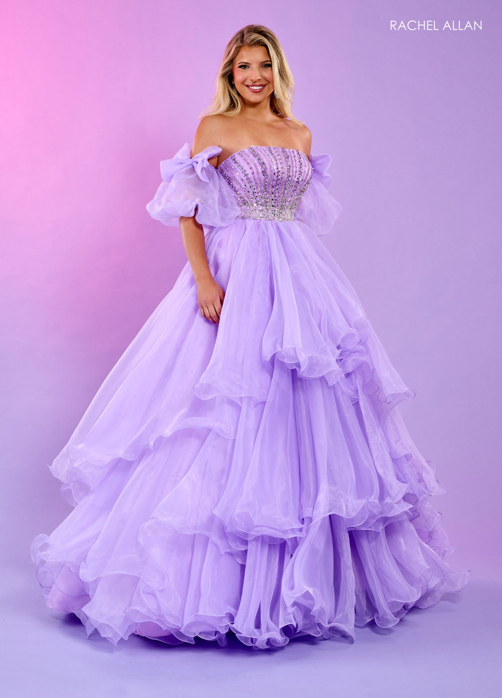 Rachel Allan 70570 prom dress images. Rachel Allan 70570 is available in these colors: Aqua, Lilac, Pink.