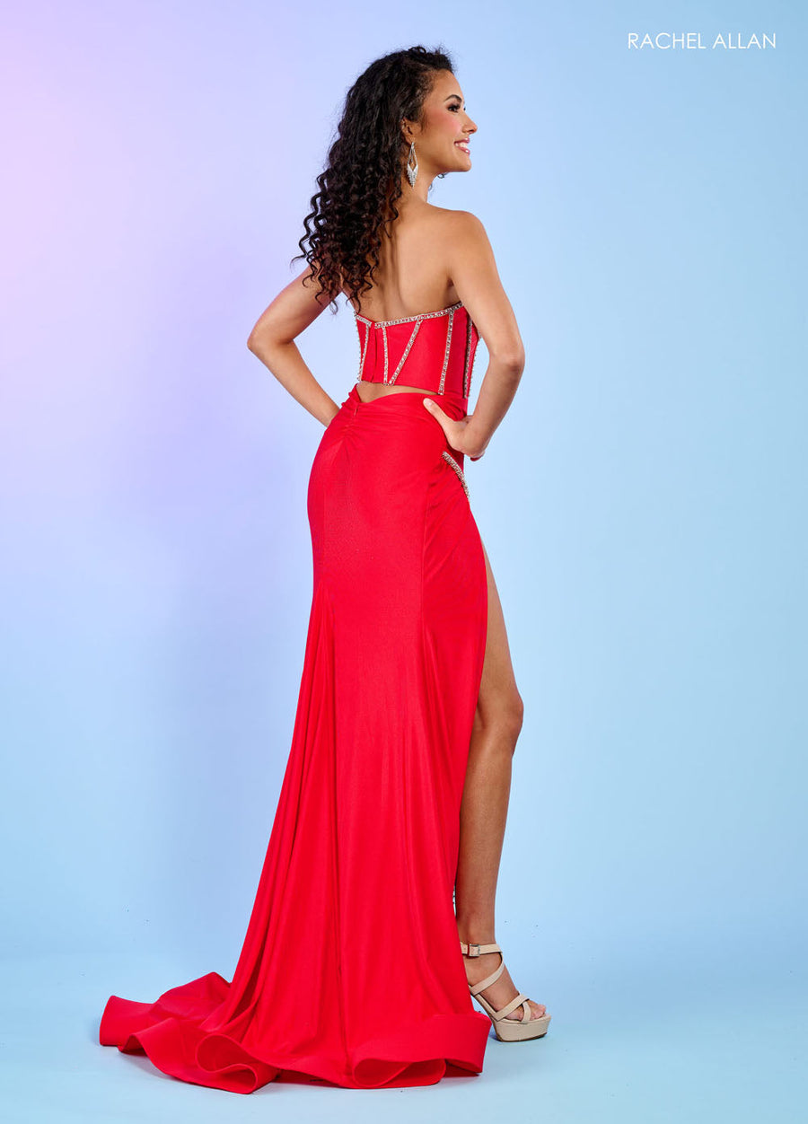 Rachel Allan 70577 prom dress images.  Rachel Allan 70577 is available in these colors: Emerald, Ocean Blue, Red.