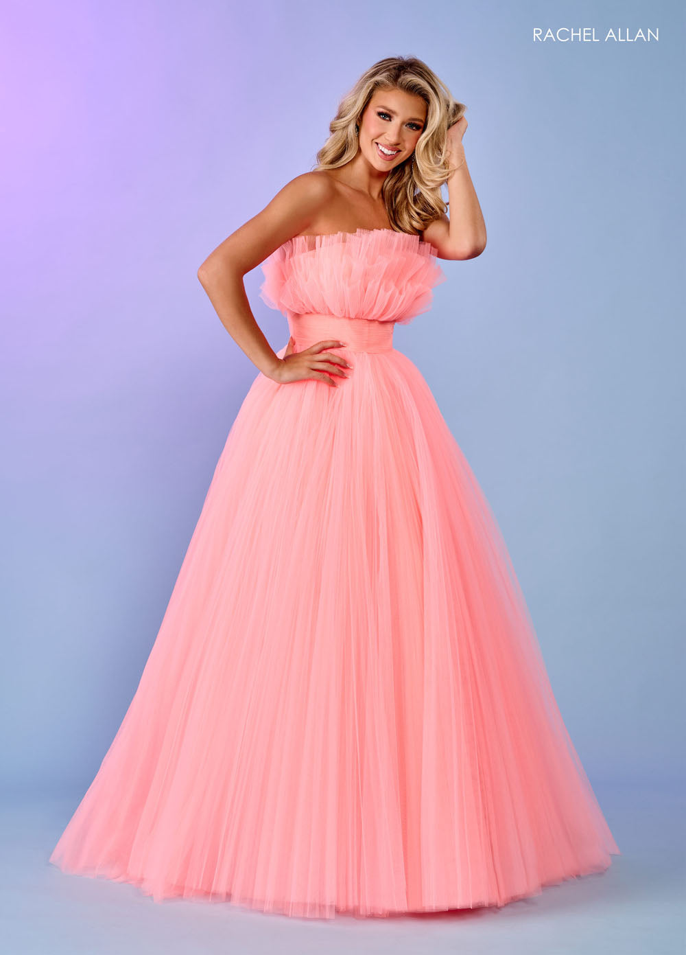 Rachel Allan 70583 prom dress images. Rachel Allan 70583 is available in these colors: Bright Coral, Light Blue, Pink, Sage.