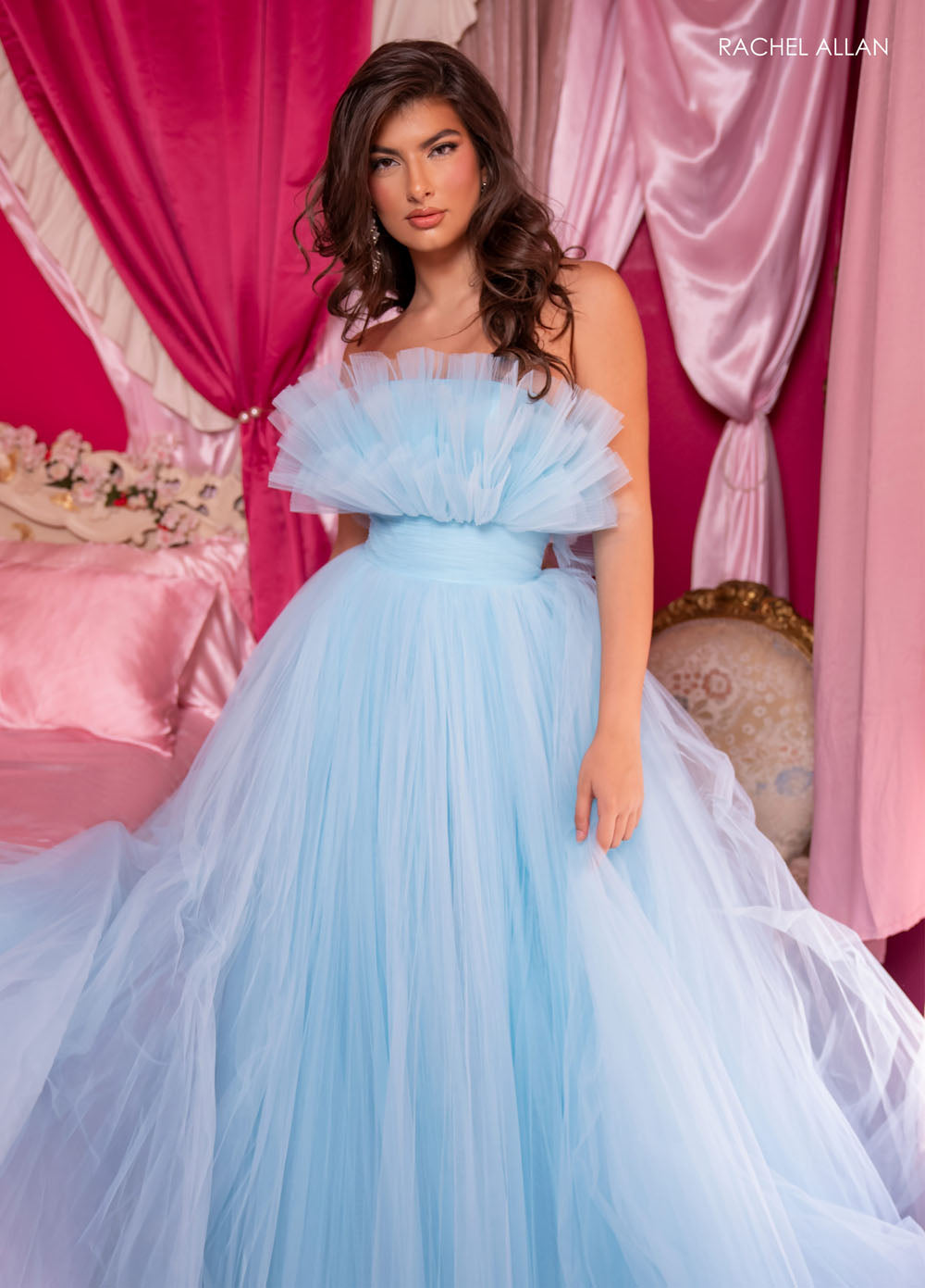 Rachel Allan 70583 prom dress images. Rachel Allan 70583 is available in these colors: Bright Coral, Light Blue, Pink, Sage.