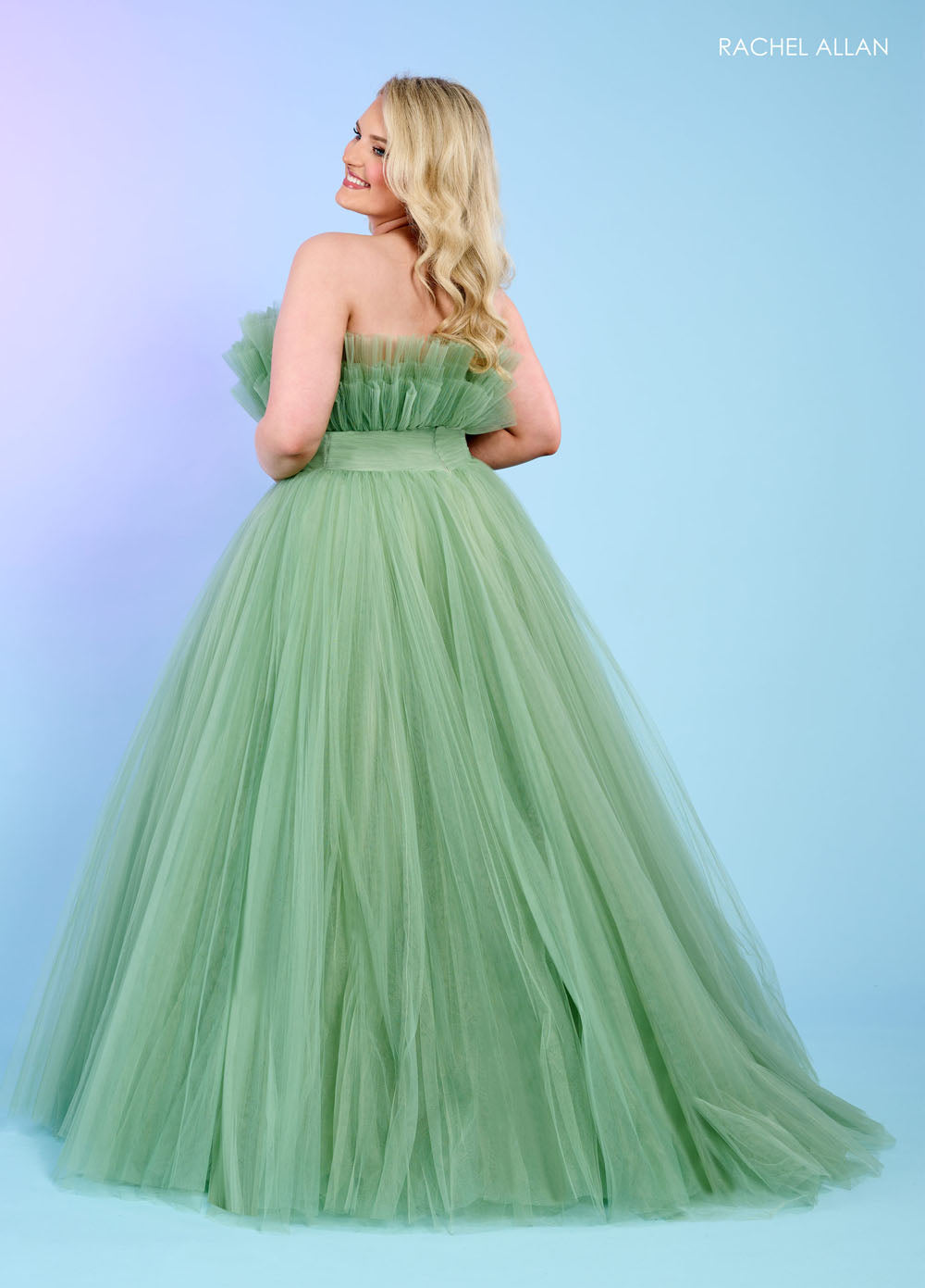 Rachel Allan 70583 prom dress images. Rachel Allan 70583 is available in these colors: Bright Coral, Light Blue, Pink, Sage.