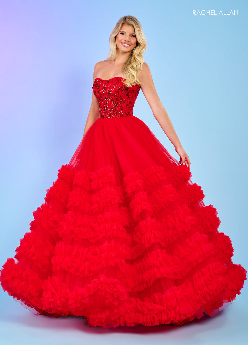 Rachel Allan 70621 prom dress images. Rachel Allan 70621 is available in these colors: Light Blue, Pink, Red.