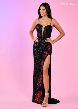 Rachel Allan 70663 prom dress images.  Rachel Allan 70663 is available in these colors: Black Red, Navy Lilac, Navy Sky Blue, Peacock Gold.