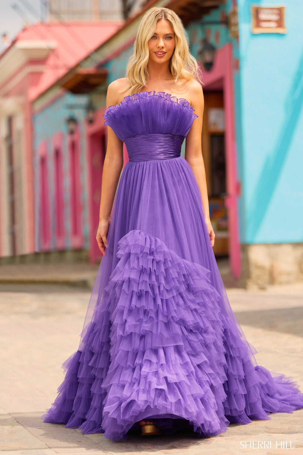 Sherri Hill 55323 purple prom dresses images. Sherri Hill 55323 is available in these colors: Black, Red, Ivory, Blush, Light Blue, Bright Pink, Lilac, Fuchsia, Purple, Nude
