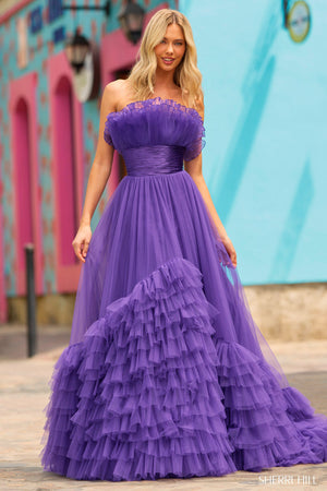 Sherri Hill 55323 purple prom dresses images.  Sherri Hill 55323 is available in these colors: Black, Red, Ivory, Blush, Light Blue, Bright Pink, Lilac, Fuchsia, Purple, Nude