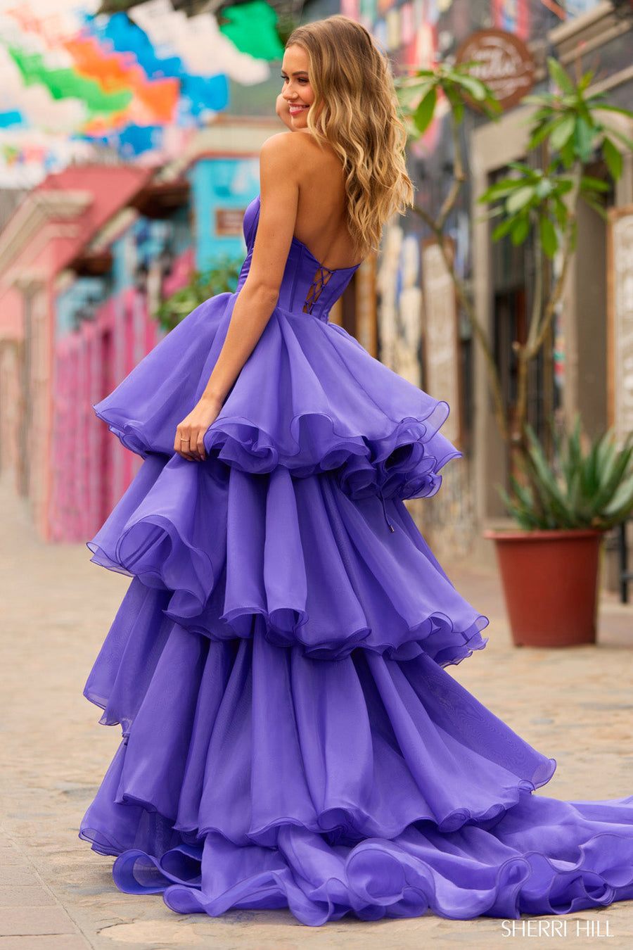 Sherri Hill 55569 purple prom dresses images.  Sherri Hill 55569 is available in these colors: Navy, Teal, Black, Light Blue, Red, Purple