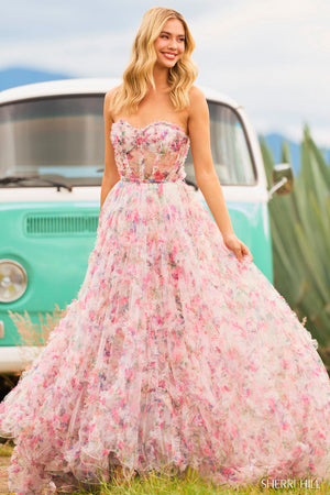 Sherri Hill 55623 ivory print prom dresses images.  Sherri Hill 55623 is available in these colors: Ivory Print