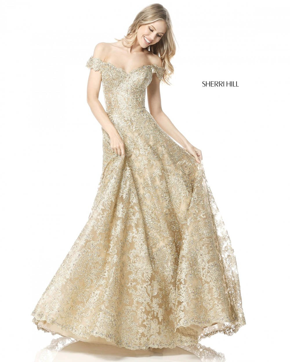 Sherri Hill 51573 prom dress images. Sherri Hill 51573 is available in these colors: Gold, Light Blue, Silver, Black, Ivory.