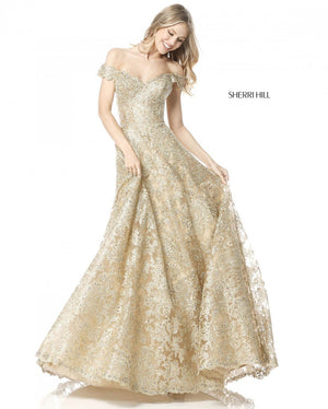 Sherri Hill 51573 prom dress images.  Sherri Hill 51573 is available in these colors: Gold, Light Blue, Silver, Black, Ivory.
