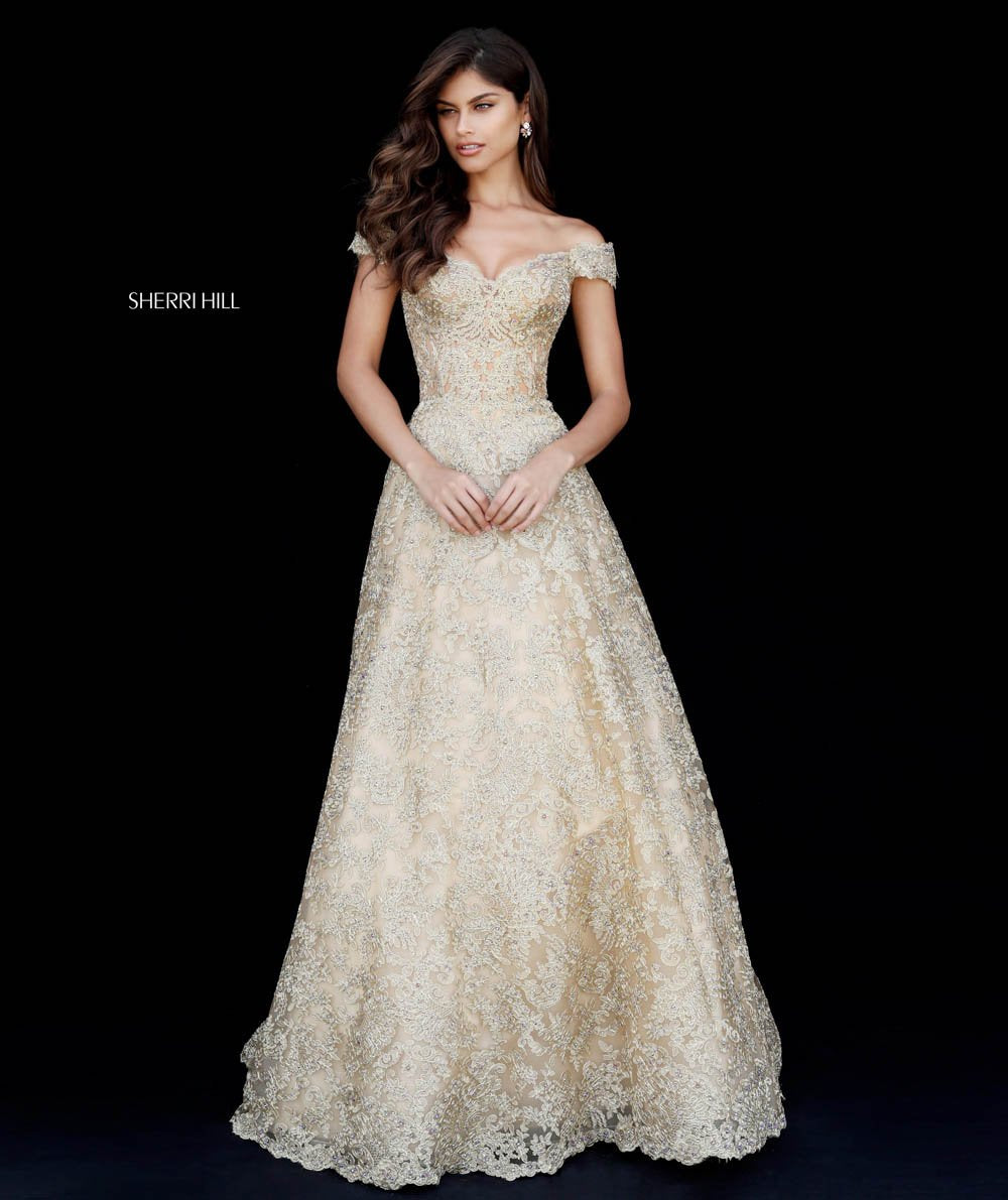 Sherri Hill 51573 prom dress images. Sherri Hill 51573 is available in these colors: Gold, Light Blue, Silver, Black, Ivory.