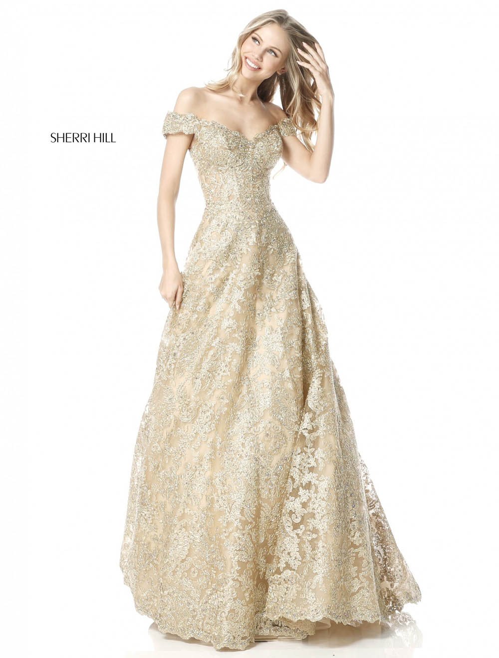 Sherri Hill 51573 prom dress images. Sherri Hill 51573 is available in these colors: Gold, Light Blue, Silver, Black, Ivory.