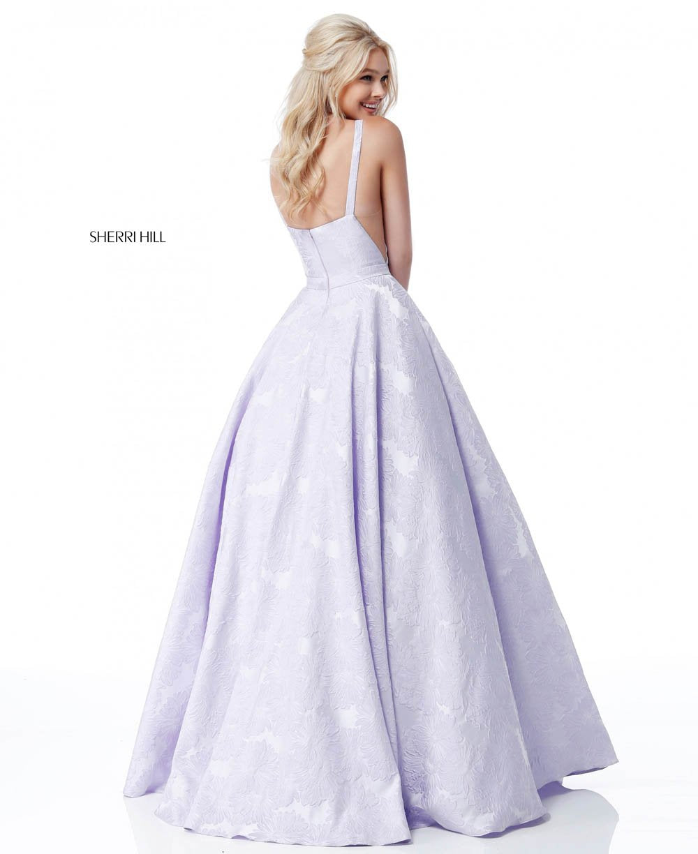 Sherri Hill 51703 prom dress images. Sherri Hill 51703 is available in these colors: Lilac, Light Blue, Ivory, Black, Fuchsia, Royal, Green, Red.