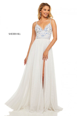 Sherri Hill 52450 prom dress images.  Sherri Hill 52450 is available in these colors: Ivory Blue, Nude Aqua.