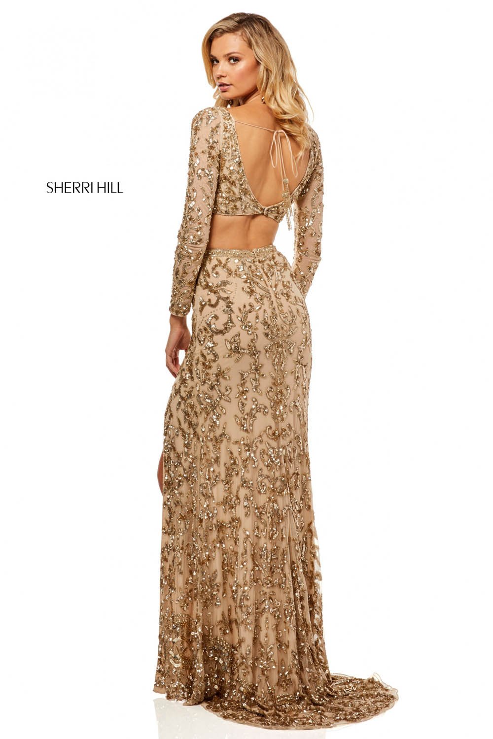 Sherri Hill 52459 prom dress images. Sherri Hill 52459 is available in these colors: Nude Coral, Periwinkle Pink, Light Gold, Nude Ivory, Black, Nude Aqua, Burgundy.