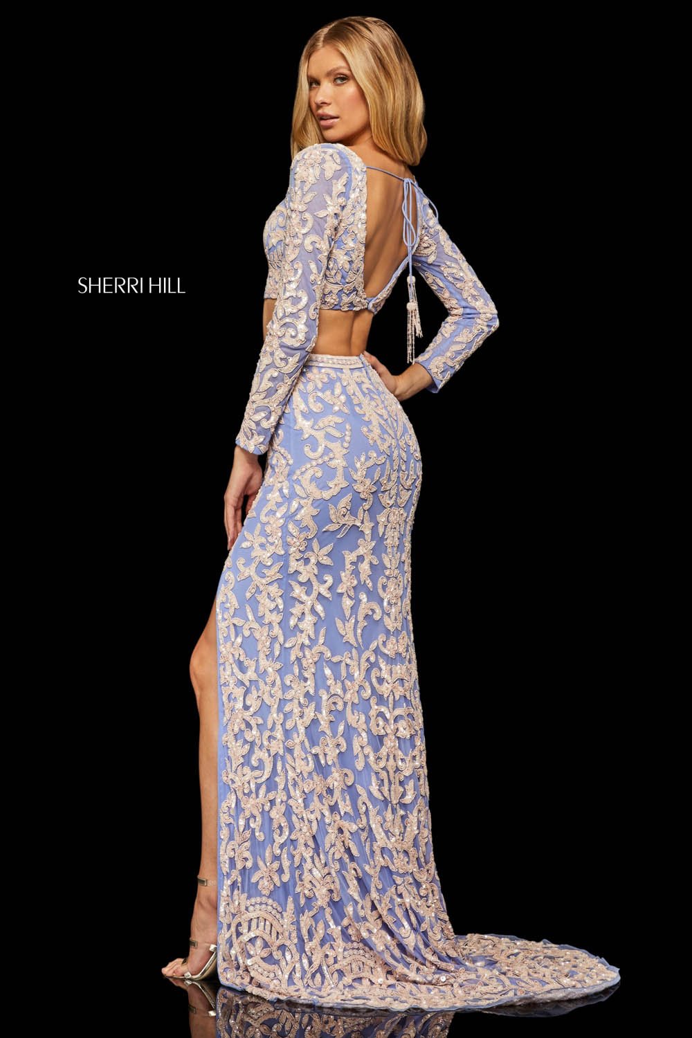 Sherri Hill 52459 prom dress images. Sherri Hill 52459 is available in these colors: Nude Coral, Periwinkle Pink, Light Gold, Nude Ivory, Black, Nude Aqua, Burgundy.